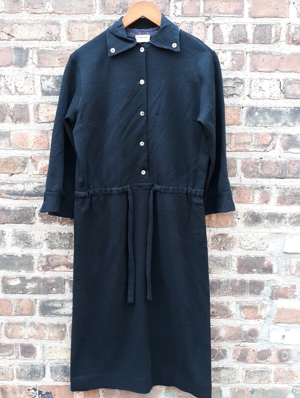 Saks Fifth Avenue Black Wool Knit Dress Made In Italy Medallion Trim Vintage